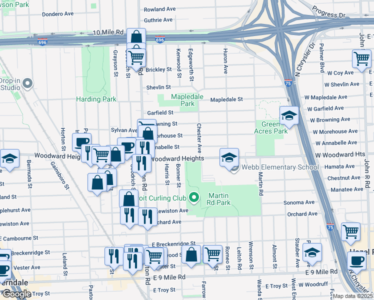 map of restaurants, bars, coffee shops, grocery stores, and more near 1786 Annabelle Street in Ferndale