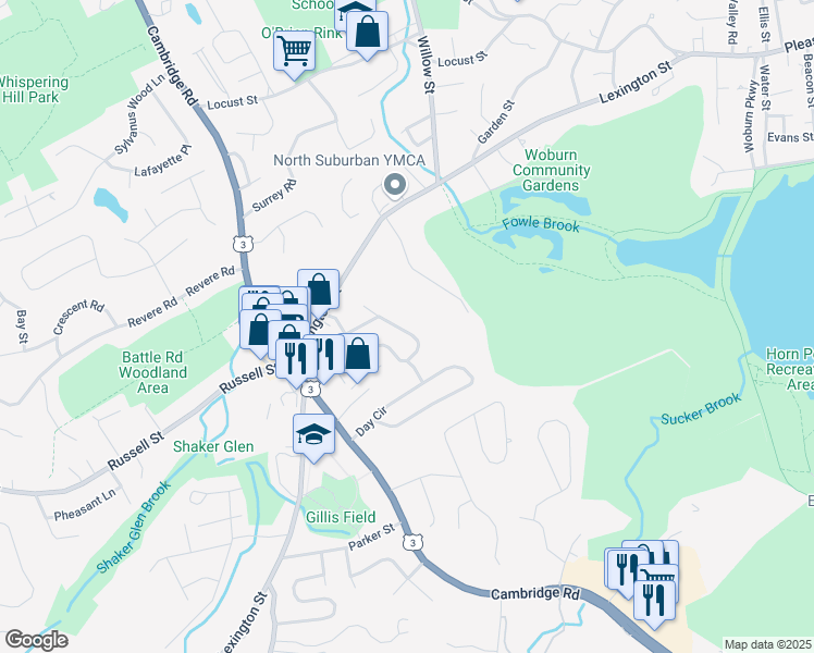 map of restaurants, bars, coffee shops, grocery stores, and more near 37 Mayflower Road in Woburn