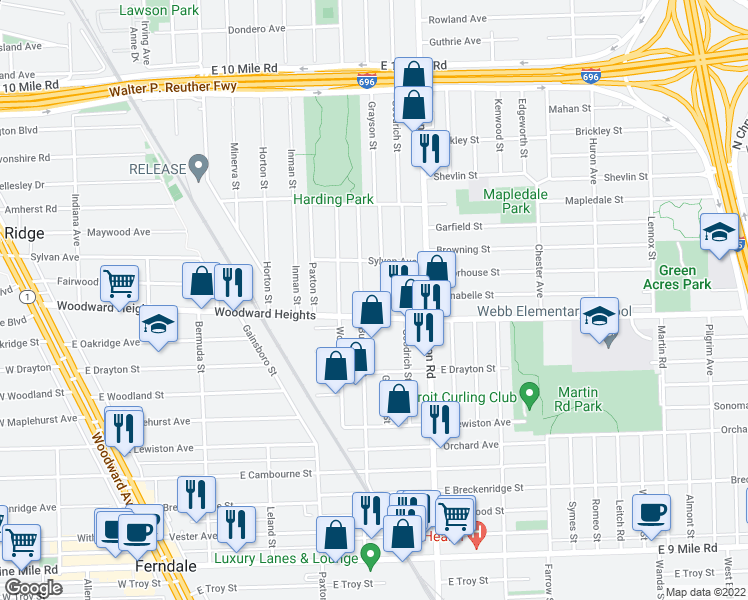 map of restaurants, bars, coffee shops, grocery stores, and more near 2815 Grayson Street in Ferndale
