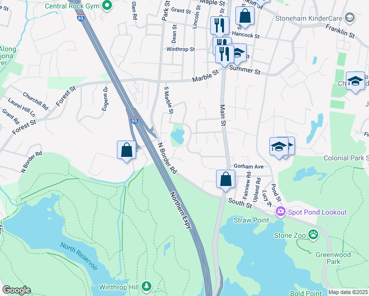 map of restaurants, bars, coffee shops, grocery stores, and more near 1 Mauriello Drive in Stoneham