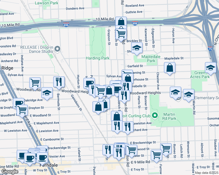 map of restaurants, bars, coffee shops, grocery stores, and more near 2815 Grayson Street in Ferndale
