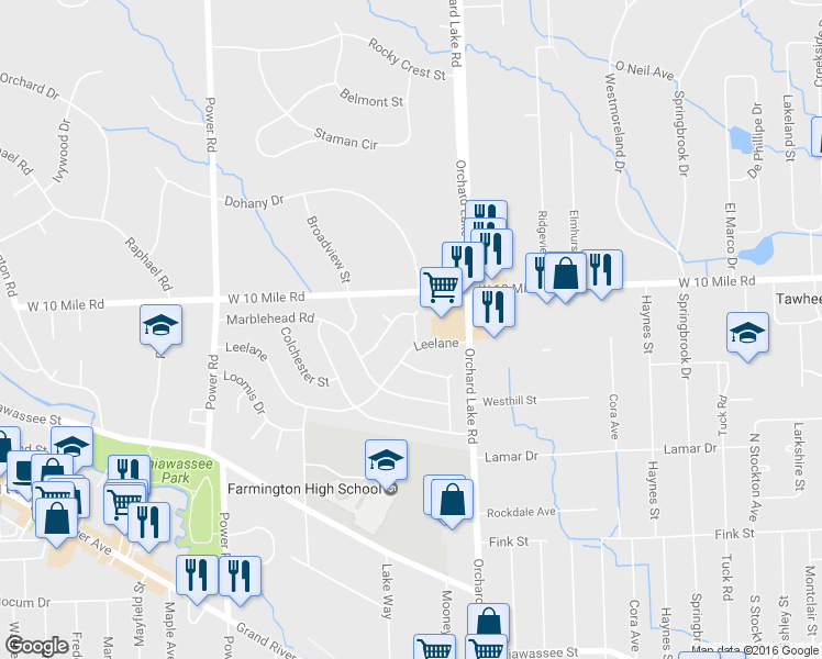 map of restaurants, bars, coffee shops, grocery stores, and more near 31621 Folkstone Drive in Farmington