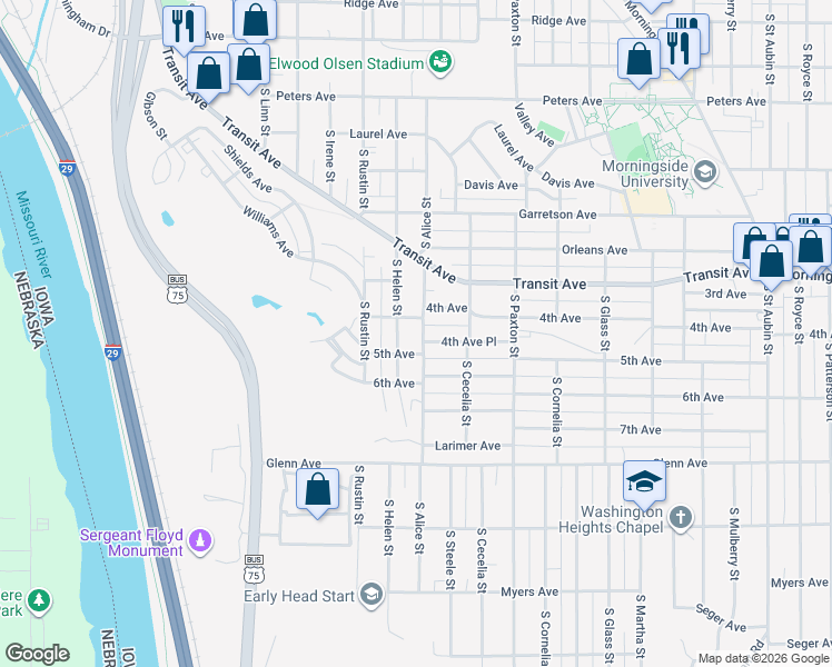 map of restaurants, bars, coffee shops, grocery stores, and more near 3106 4th Avenue in Sioux City