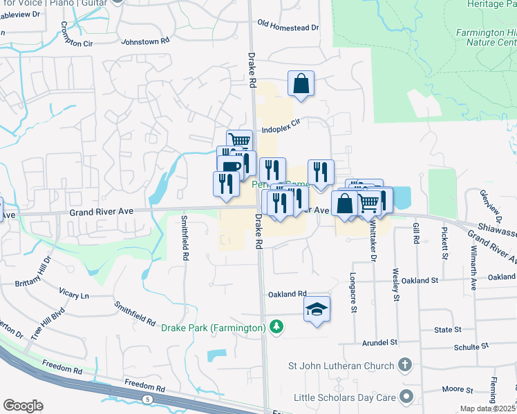 map of restaurants, bars, coffee shops, grocery stores, and more near Grand River Ave & Drake Rd in Farmington