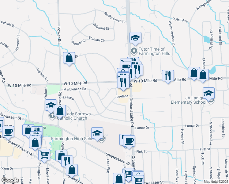 map of restaurants, bars, coffee shops, grocery stores, and more near 31621 Folkstone Drive in Farmington