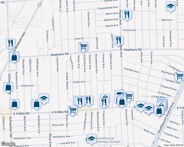 map of restaurants, bars, coffee shops, grocery stores, and more near 23603 Stewart Avenue in Warren