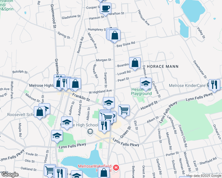map of restaurants, bars, coffee shops, grocery stores, and more near 9 West Highland Avenue in Melrose