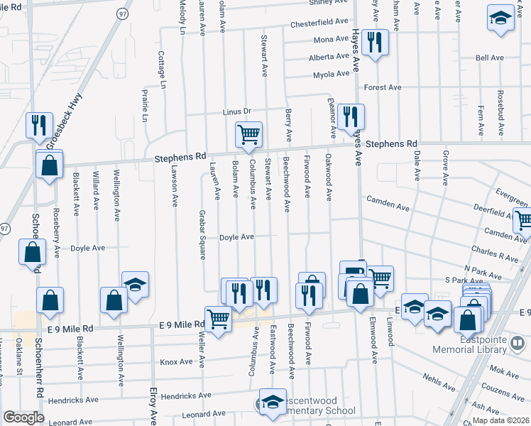 map of restaurants, bars, coffee shops, grocery stores, and more near 23603 Stewart Avenue in Warren