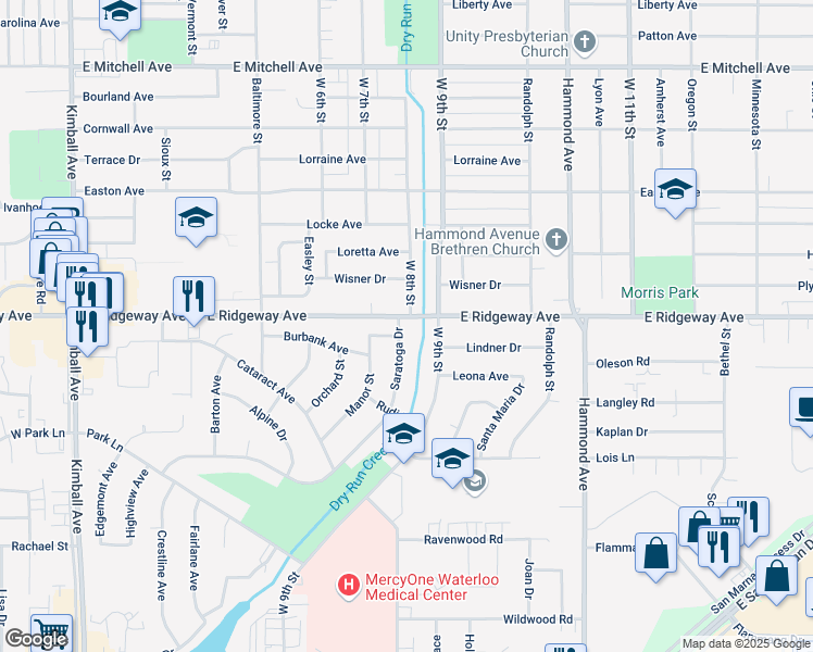 map of restaurants, bars, coffee shops, grocery stores, and more near 2405 Saratoga Drive in Waterloo