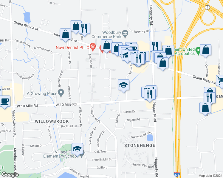 map of restaurants, bars, coffee shops, grocery stores, and more near 24520 Olde Orchard Street in Novi