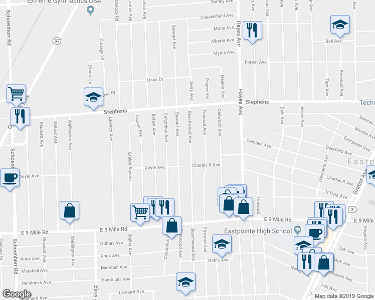 map of restaurants, bars, coffee shops, grocery stores, and more near 23069 Beechwood Avenue in Eastpointe