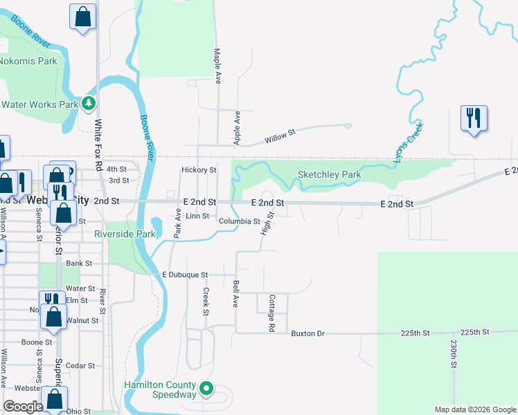 map of restaurants, bars, coffee shops, grocery stores, and more near 501-553 E 2nd St in Webster City