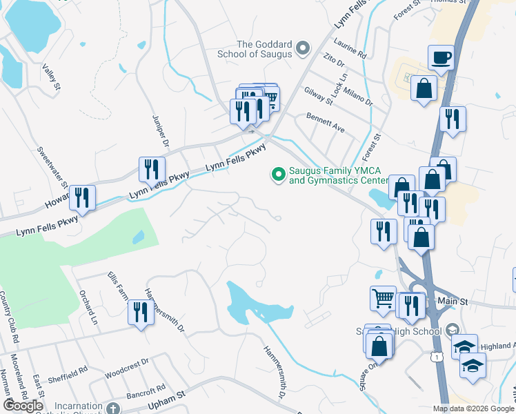 map of restaurants, bars, coffee shops, grocery stores, and more near 804 Lewis O Gray Drive in Saugus