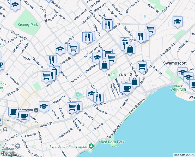 map of restaurants, bars, coffee shops, grocery stores, and more near 32 Sidney Avenue in Lynn