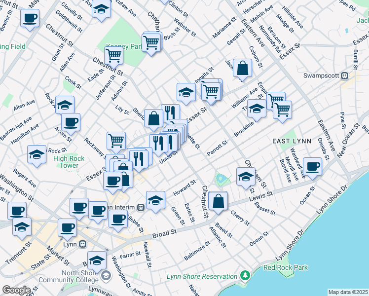 map of restaurants, bars, coffee shops, grocery stores, and more near 70 Fayette Street in Lynn