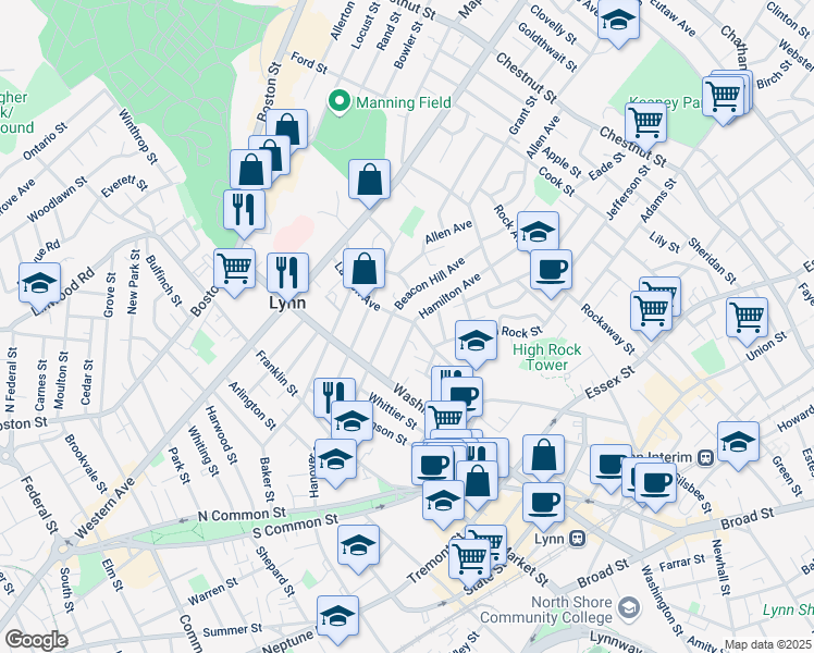 map of restaurants, bars, coffee shops, grocery stores, and more near 4 Hamilton Avenue in Lynn