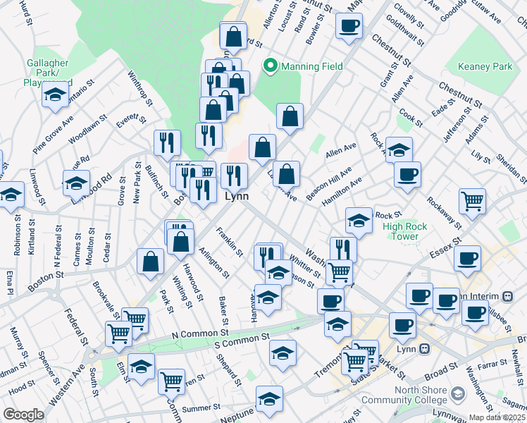 map of restaurants, bars, coffee shops, grocery stores, and more near 76 Washington Street in Lynn
