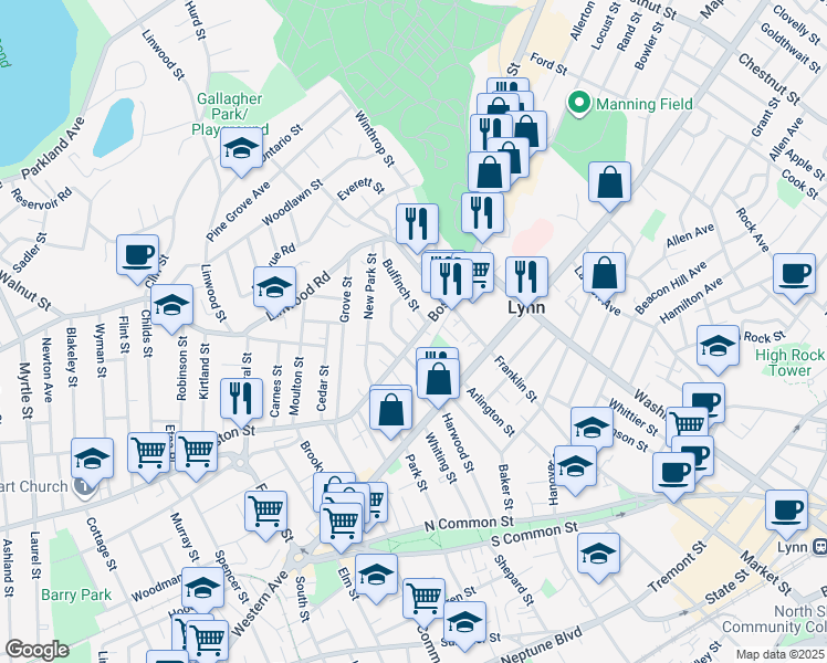 map of restaurants, bars, coffee shops, grocery stores, and more near 29 Waverly Street in Lynn