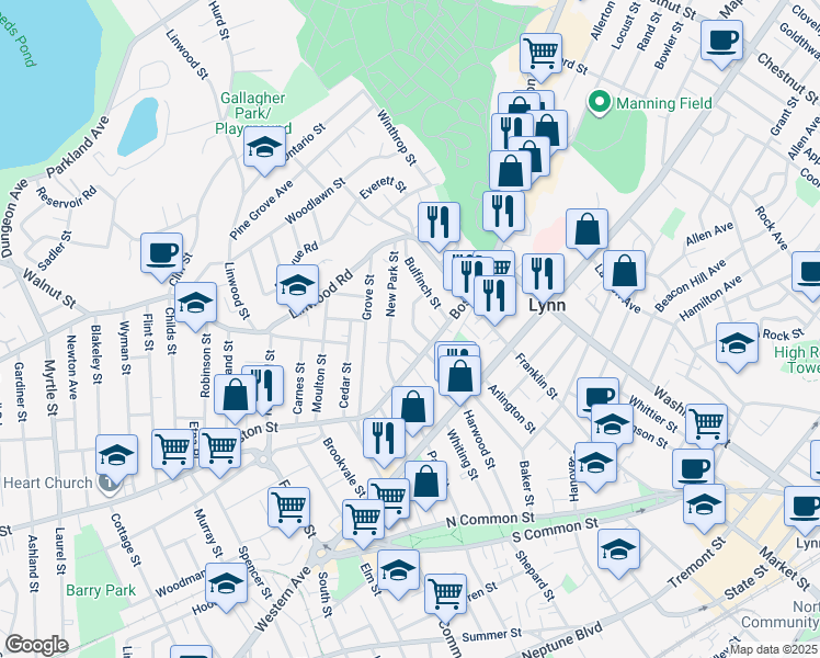 map of restaurants, bars, coffee shops, grocery stores, and more near 29 Waverly Street in Lynn