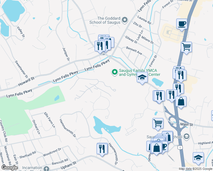 map of restaurants, bars, coffee shops, grocery stores, and more near 804 Lewis O Gray Drive in Saugus