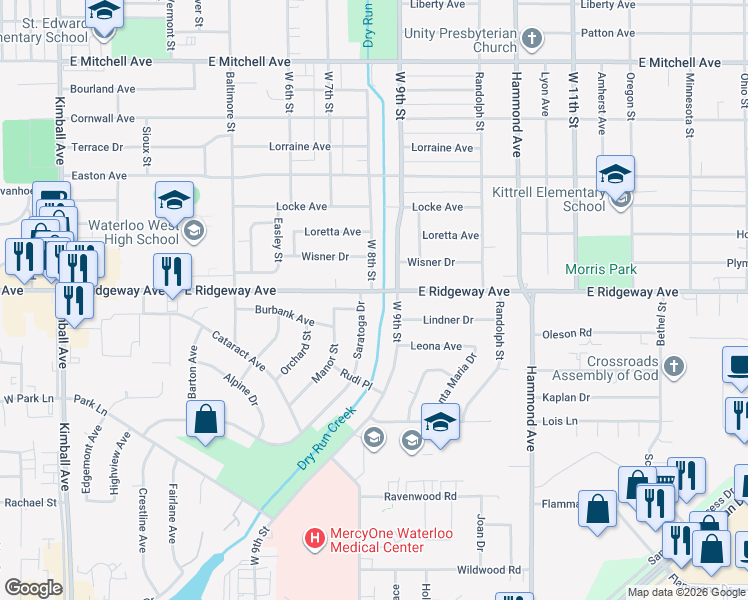 map of restaurants, bars, coffee shops, grocery stores, and more near 2626 West 9th Street in Waterloo