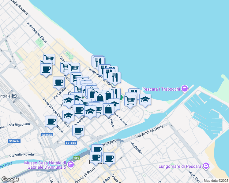 map of restaurants, bars, coffee shops, grocery stores, and more near 35 Lungomare Giacomo Matteotti in Pescara