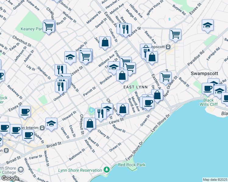 map of restaurants, bars, coffee shops, grocery stores, and more near 32 Sidney Avenue in Lynn