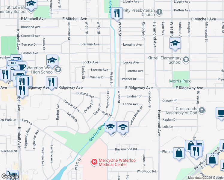 map of restaurants, bars, coffee shops, grocery stores, and more near 2626 West 9th Street in Waterloo