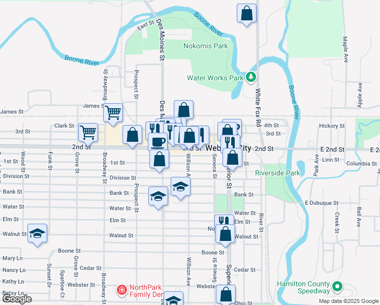 map of restaurants, bars, coffee shops, grocery stores, and more near 501-599 2nd St in Webster City