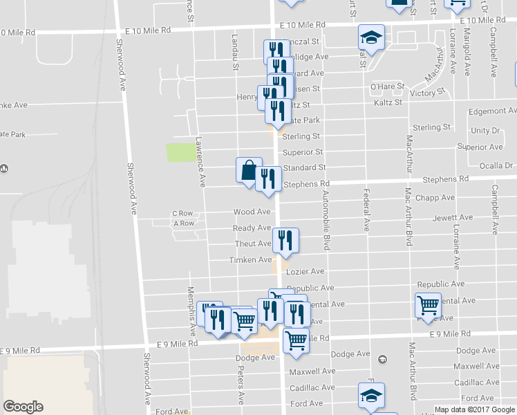 map of restaurants, bars, coffee shops, grocery stores, and more near 7577 Wood Avenue in Center Line