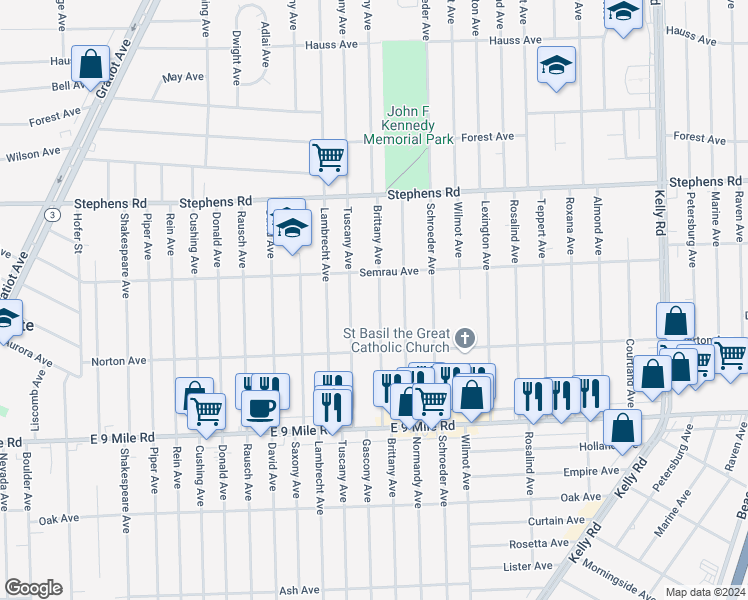 map of restaurants, bars, coffee shops, grocery stores, and more near 23115 Brittany Avenue in Eastpointe