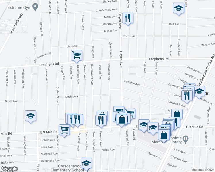 map of restaurants, bars, coffee shops, grocery stores, and more near 23067 Oakwood Avenue in Eastpointe