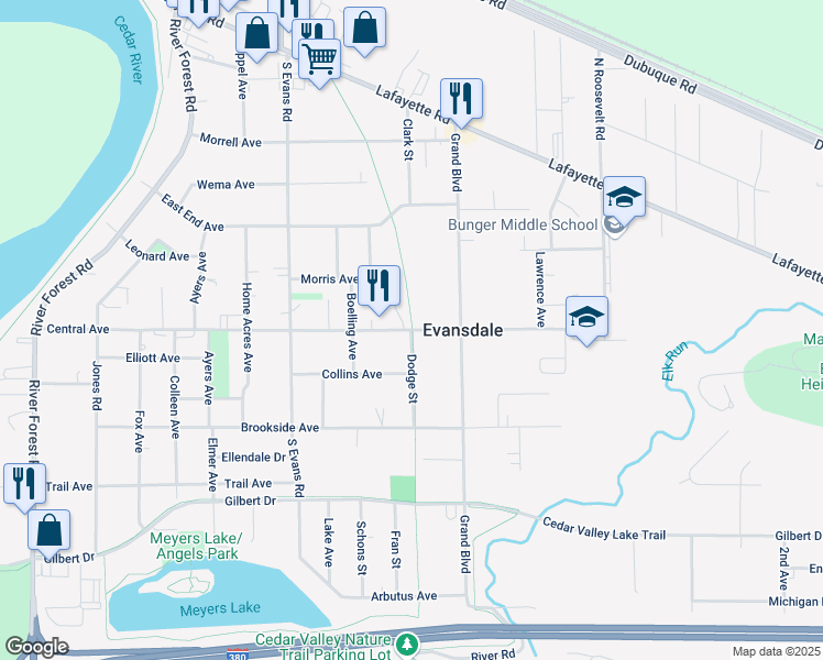 map of restaurants, bars, coffee shops, grocery stores, and more near Evansdale Nature Trail in Evansdale