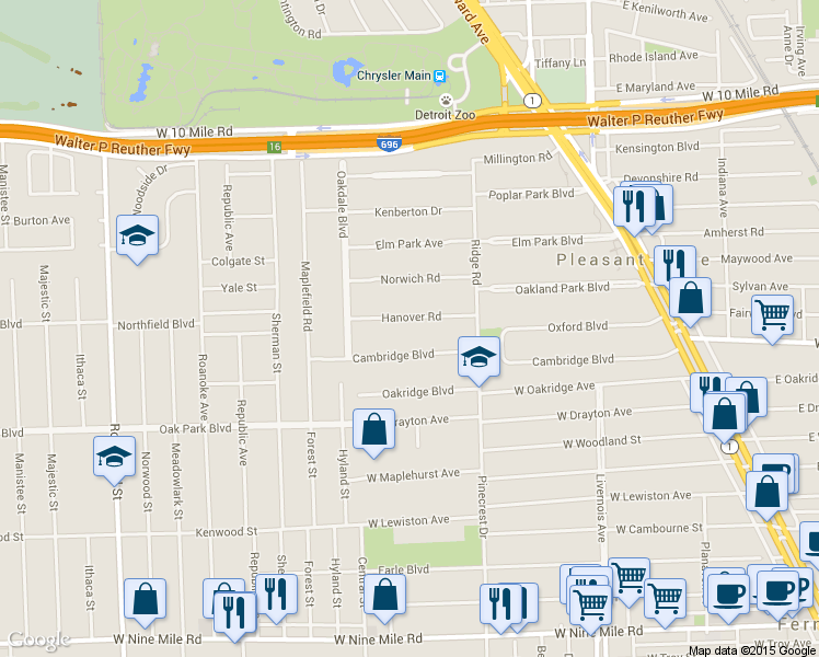 map of restaurants, bars, coffee shops, grocery stores, and more near 21 Hanover Road in Pleasant Ridge