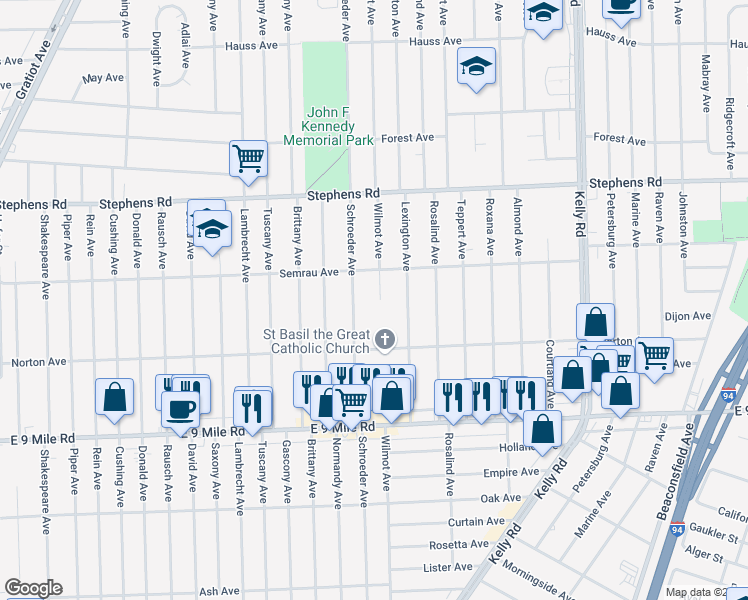 map of restaurants, bars, coffee shops, grocery stores, and more near 23313 Wilmot Avenue in Eastpointe