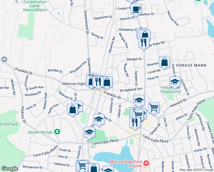 map of restaurants, bars, coffee shops, grocery stores, and more near 115 West Highland Avenue in Melrose