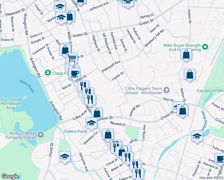 map of restaurants, bars, coffee shops, grocery stores, and more near 19 Abbott Court in Woburn