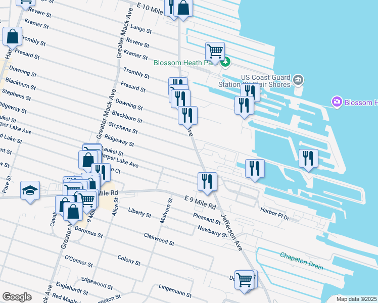 map of restaurants, bars, coffee shops, grocery stores, and more near 22806 Stephens Street in St. Clair Shores