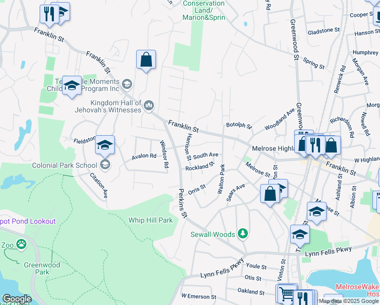 map of restaurants, bars, coffee shops, grocery stores, and more near 10 Harrison Street in Stoneham