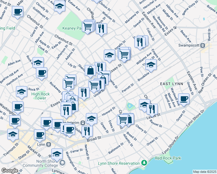 map of restaurants, bars, coffee shops, grocery stores, and more near 70 Fayette Street in Lynn
