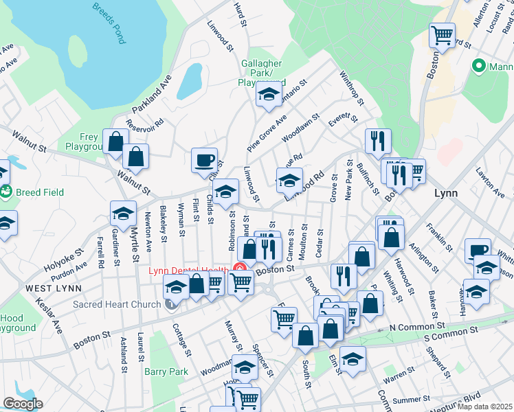 map of restaurants, bars, coffee shops, grocery stores, and more near 105 Linwood Road in Lynn