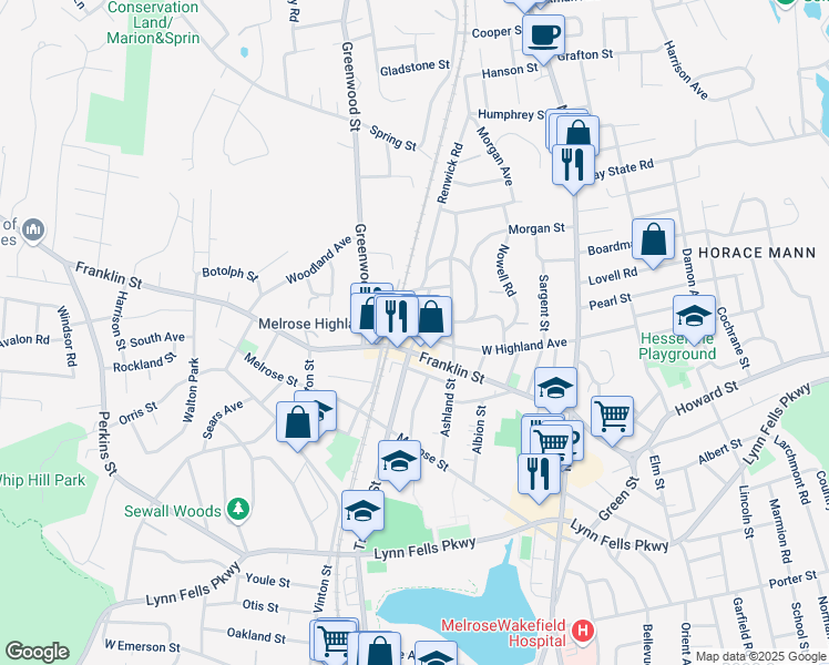map of restaurants, bars, coffee shops, grocery stores, and more near 25 Chipman Avenue in Melrose