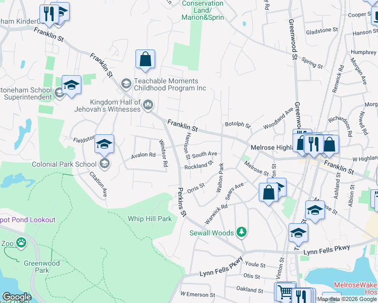map of restaurants, bars, coffee shops, grocery stores, and more near 10 Harrison Street in Stoneham