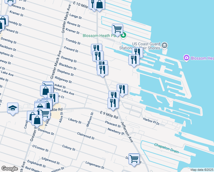 map of restaurants, bars, coffee shops, grocery stores, and more near 22806 Stephens Street in St. Clair Shores