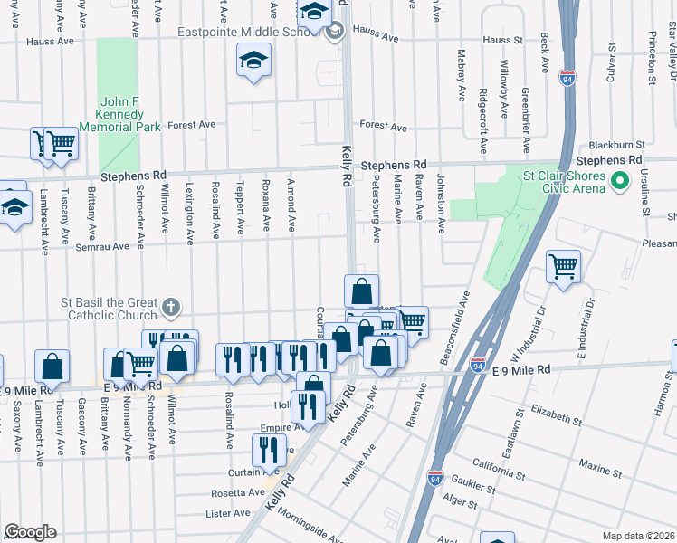 map of restaurants, bars, coffee shops, grocery stores, and more near 23321 Kelly Road in Eastpointe