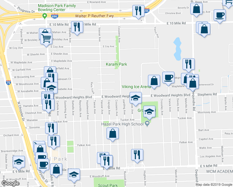 map of restaurants, bars, coffee shops, grocery stores, and more near 976 East Annabelle Avenue in Hazel Park