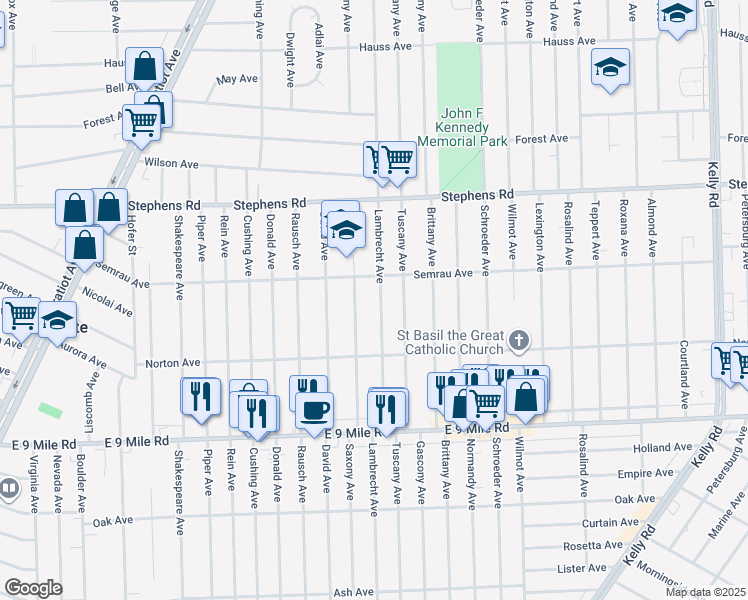 map of restaurants, bars, coffee shops, grocery stores, and more near 23138 Lambrecht Avenue in Eastpointe