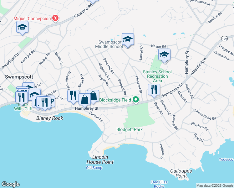 map of restaurants, bars, coffee shops, grocery stores, and more near 14 Sargent Road in Swampscott