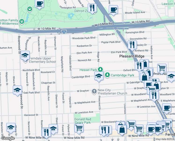 map of restaurants, bars, coffee shops, grocery stores, and more near 21 Hanover Road in Pleasant Ridge