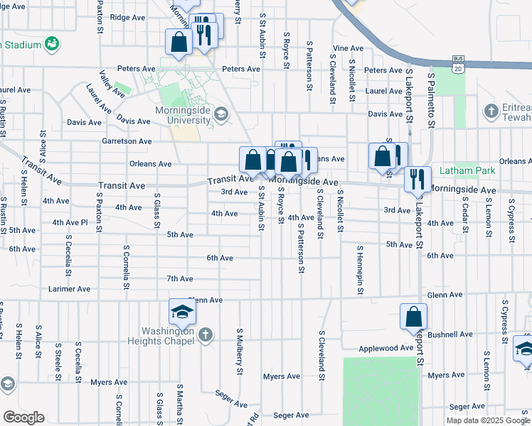 map of restaurants, bars, coffee shops, grocery stores, and more near 2040 S Street Aubin Street in Sioux City